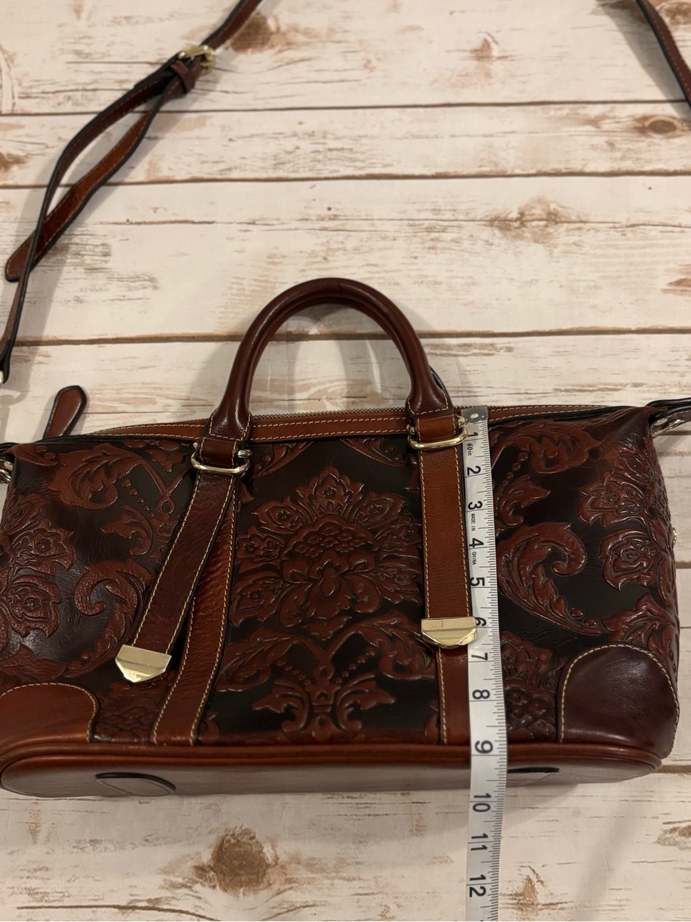 PIJUSHI Embossed Genuine Brown Leather Satchel and Crossbody Bag/Wristlet Set - Picture 10 of 16